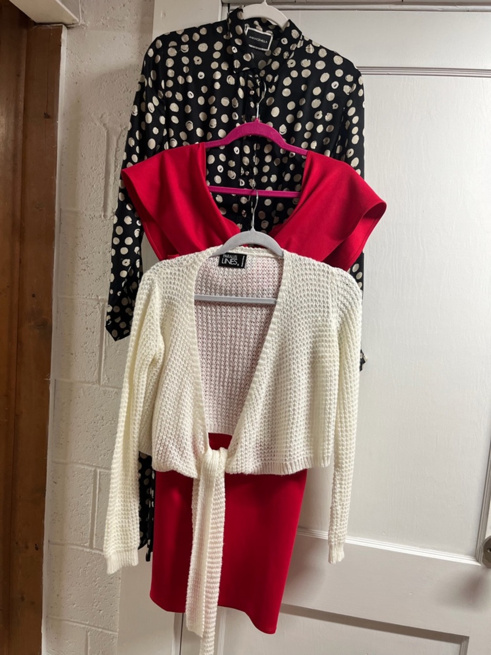 Lot of women’s clothes. Red midi/polka dot midi dresses/crochet cardigan